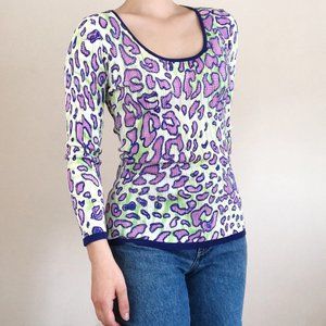 Rare vintage 90s Alberto Makali long sleeve neon colorful leopard print knit top